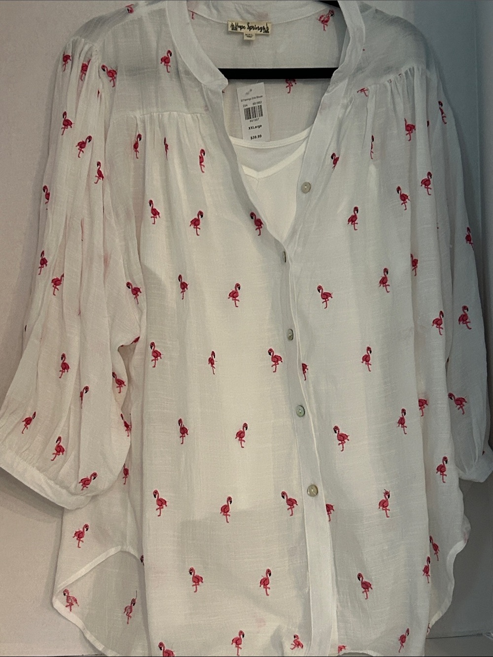 White Button-Down Shirt with Pink Flamingo Embroidery